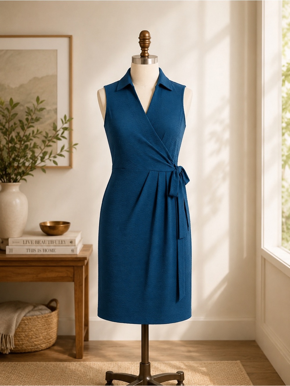 Calvin Klein Teal Sleeveless Wrap Sheath Dress NWT Tie Waist Knee Length Size 12